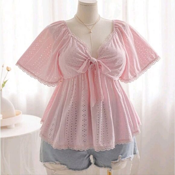 NWOT Shein Twisted Tie-Front Flounce Sleeve Top – Pink 1X - Picture 1 of 10